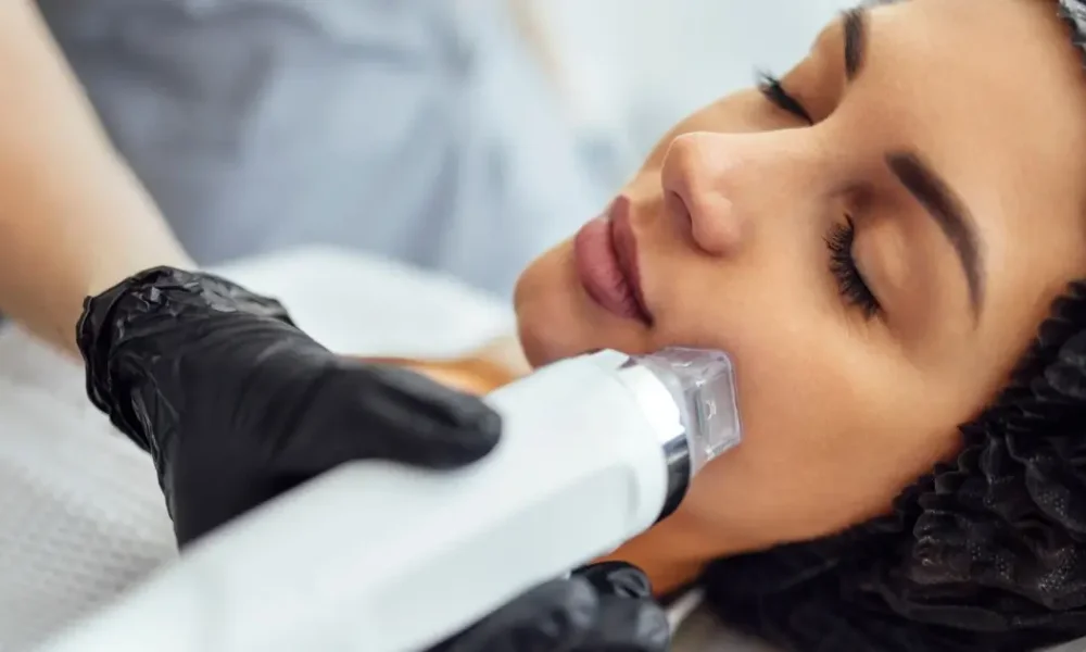 A woman receiving Morpheus8 RF microneedling treatment on her face, performed by a professional wearing black gloves, to tighten and rejuvenate her skin in Madisonville, LA